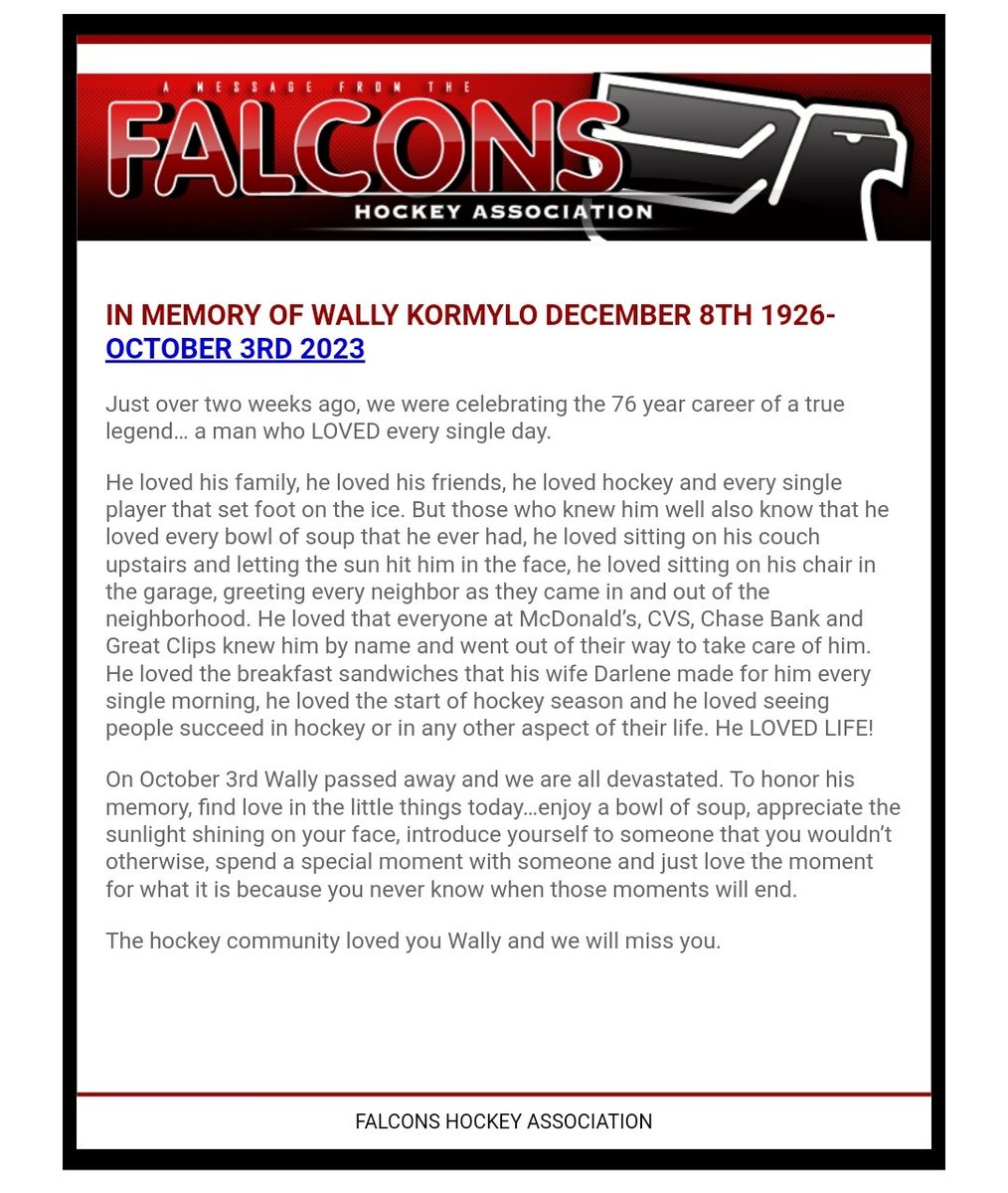 MichaelEdelberg's tweet photo. If you haven't had lunch today yet, have a bowl of soup. If you have, have another...for Wally. You see if it wasn't for Wally, my kid wouldn't be on the ice today and love hockey. Sticks out for Wally today! Shout out to the Falcons family and to those that were lucky enough! 🏒 https://t.co/1EgC7p069x