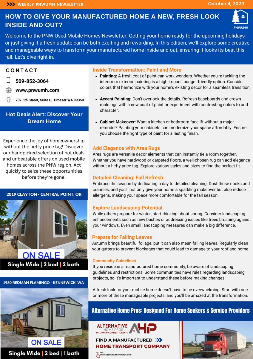 Welcome to the PNWUMH Newsletter! Getting your home ready for the upcoming holidays or just giving it a fresh update can be both exciting & rewarding.

👉Read More: shorturl.at/yzOQ1

Visit: pnwumh.com 
Call: 509-852-3064 

#MobileHomeLivingTips #PNWlifestyle