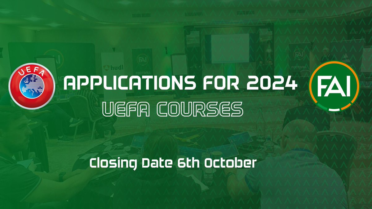 NiallORegan29's tweet image. Our @FAIreland  @IrelandFootball @UEFA @FAICoachEd  close for applications Friday for 2024 Courses:

✅ UEFA C
✅ UEFA B 
✅ UEFA Youth B
✅ UEFA A 
✅ UEFA Elite Youth A 

For more information email bronagh.kane@fai.ie ✉️

#lifelonglearning
#learnercentred
#UEFAcoaching