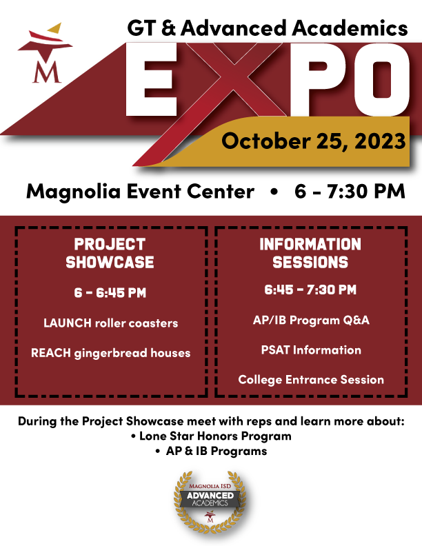MagnoliaISD's tweet photo. Get ready to be wowed at the Advanced Academics &amp; GT Showcase on October 25! Come see what our talented students have been up to and take part in informational sessions about programs, and college prep testing. https://t.co/ae8Gwkf2uI