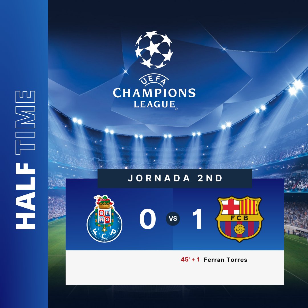 ⏰ Half Time 
0⃣ Port
1⃣ FC Barcelona  

#Porto⚪️🔵 vs #FCB 🔴🔵 ¡Un partido con pocas ocaciones! Ferran Torres le da la ventaja al FCBarcelona tras un error en la salida del Porto

#ChampionsLeagueDay #BenditaChampions #Portobarca #MATCHDAYLIVE