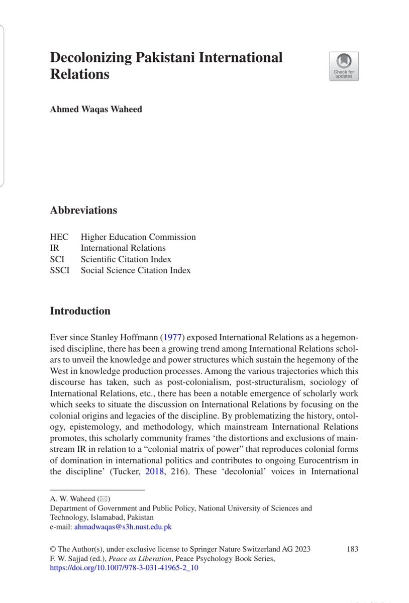 waqaswaheed's tweet image. My new chapter on decolonizing Pakistani IR dropped in today. It's an initial attempt to decenter eurocentrism in Pakistani IR and start a discussion on the growing need to look for alternative indigenous knowledges.