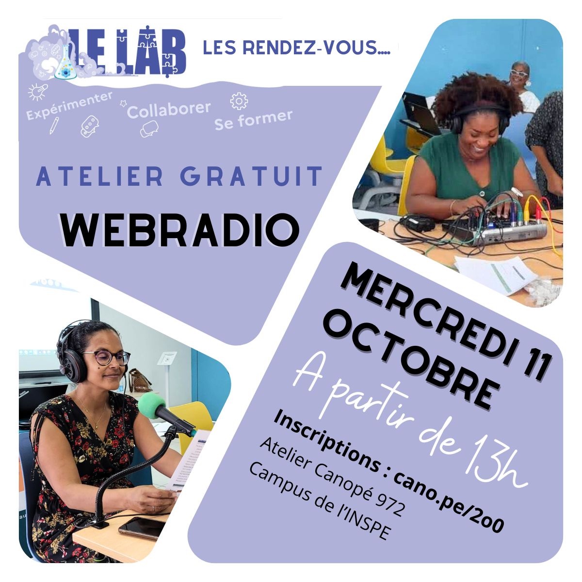 Le 1er rendez-vous du LAB vous accueille ce mercredi 11 octobre à partir de 13h pour un atelier découverte de la webradio, à l'atelier Canopé 972 (campus de l'INSPE). 👉Inscriptions ici: cano.pe/2o0
<a href="/DaneMartinique/">D.R.A.N.E. Martinique</a>
<a href="/acmartinique/">Académie de Martinique</a>
<a href="/ProfDocMartinik/">Prof Documentalistes Martinique</a>
<a href="/INSPEMartinique/">INSPEMartinique</a>