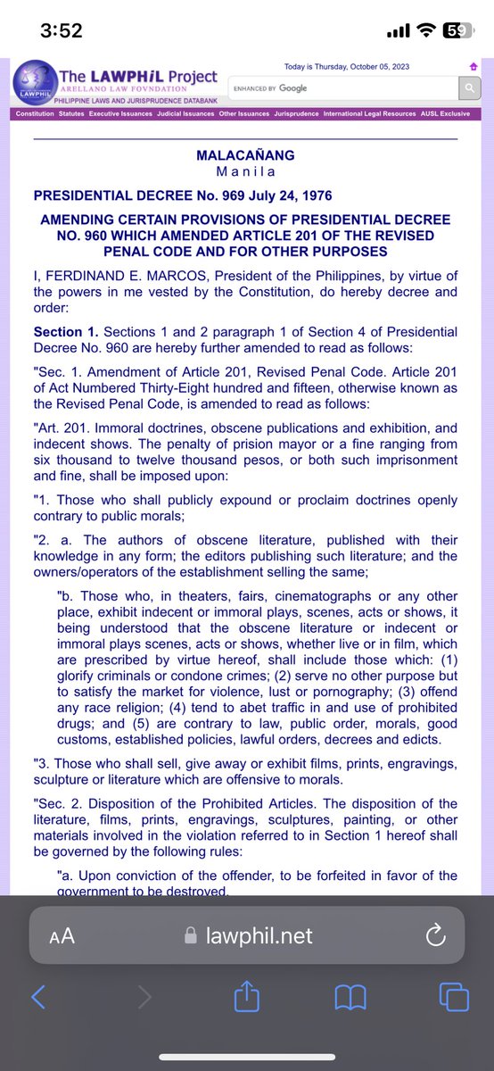 When are we going to talk about how the law that was used against Pura Luka Vega (PRESIDENTIAL DECREE No. 969 July 24, 1976) is a product of the Marcos dictatorship w/c used the law to censor free speech and crack down on artist-activists [thru (2)(B)(5)]

#FreePuraLukaVega