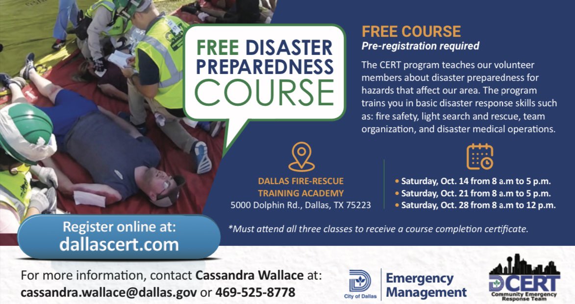 DallasCERT's tweet image. Come learn about fire safety, light search and rescue, team organization, disaster medical operations, and more! Register for the  October course at DallasCERT.com!