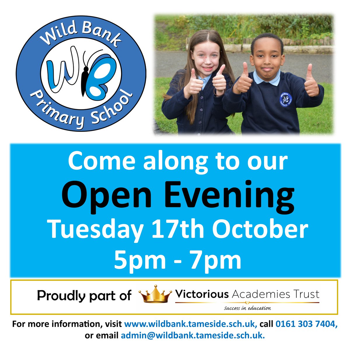 Come along to our Open Evening tomorrow night Tuesday 17th October 2023 from 5pm to 7pm, we can't wait to meet you and show you are our school! See our website wildbank.tameside.sch.uk for more details or call 0161 303 7404 #Reception #Nursery <a href="/TrustVictorious/">Victorious Academies Trust</a> <a href="/jreynoldsMP/">Jonathan Reynolds</a>