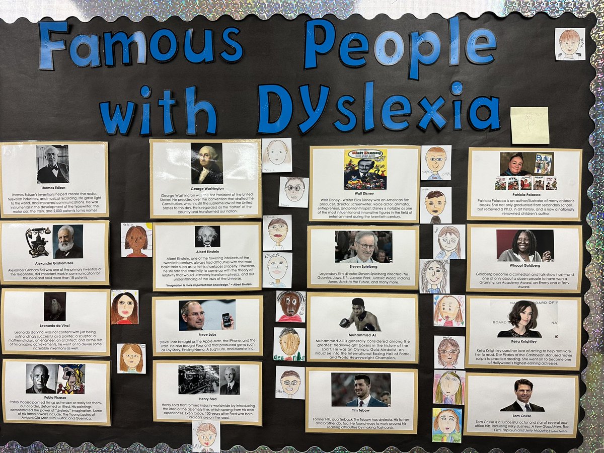Our famous people with dyslexia wall was upgraded today! My creative, artistic, and hardworking students added their self portraits because they said "we are famous too." #KATYISDDYSLEXIA #TWEHowl #GoRedForDyslexia