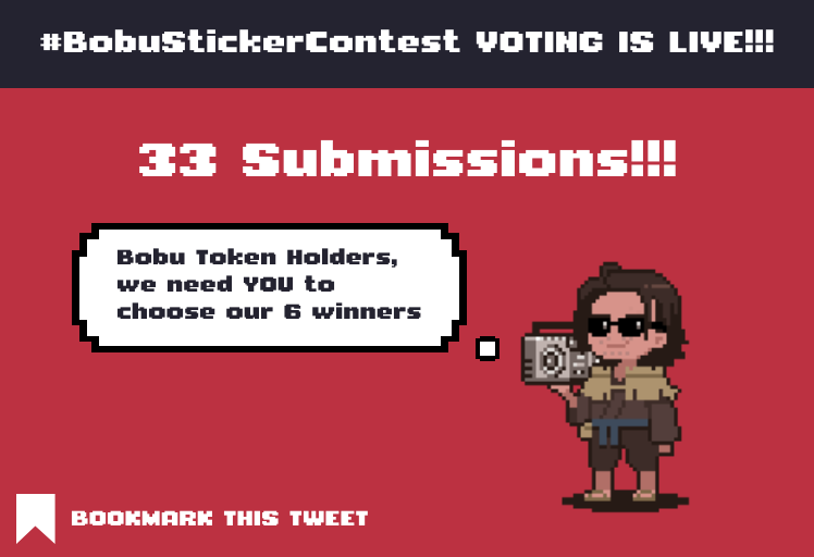 IcedNFTea's tweet photo. Thank you to everyone who participated

The #BobuStickerContest is LIVE for voting and we exceeded expectations with a whopping 33 submissions!

@BobuBeanFarmer token holders, your turn to vote

BOOKMARK this tweet as you will need a signature to participate

Full info below: https://t.co/2xERbK8yzc
