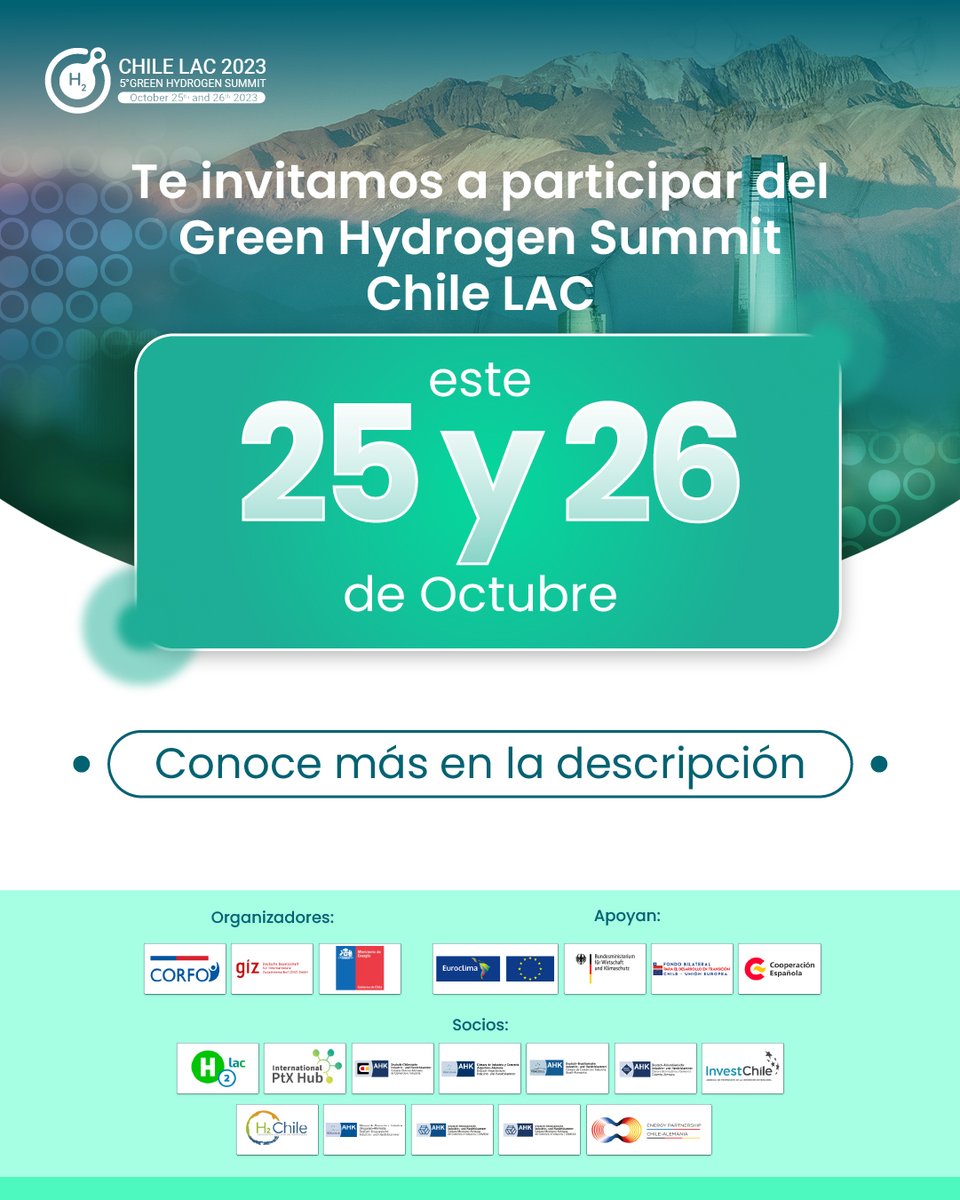 Pronto viviremos el encuentro sobre hidrógeno renovable más grande de Latinoamérica: este 25 y 26 de octubre realizaremos el Green Hydrogen Summit Chile LAC 2023 🟢

Toda la información sobre las actividades del evento 👉 greenh2summitchilelac.cl