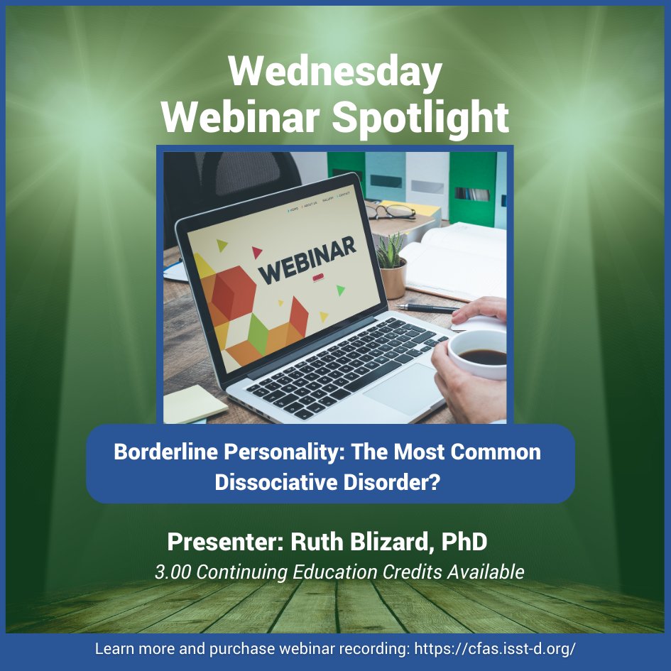 ISSTD's tweet photo. Watch ISSTD's webinar recording, "Borderline Personality: The Most Common Dissociative Disorder?" to learn more about BPD, Complex PTSD & DID. Learn more
& purchase here: https://t.co/2n555B2XPO #WednesdayWebinarSpotlight #BPDAwarenessWeek https://t.co/BWobUH8f3J