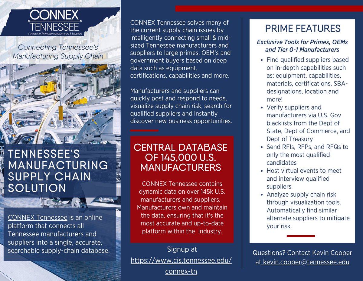 What is CONNEX TN?<a href="/ConnexMktplace/">CONNEX Marketplace</a> is a cloud-based platform that connects manufacturers to a searchable database, allowing manufacturers, suppliers &amp; buyers to post/respond to needs quickly, visualize supply chain risk &amp; search for qualified manufacturers bit.ly/3F2AvId