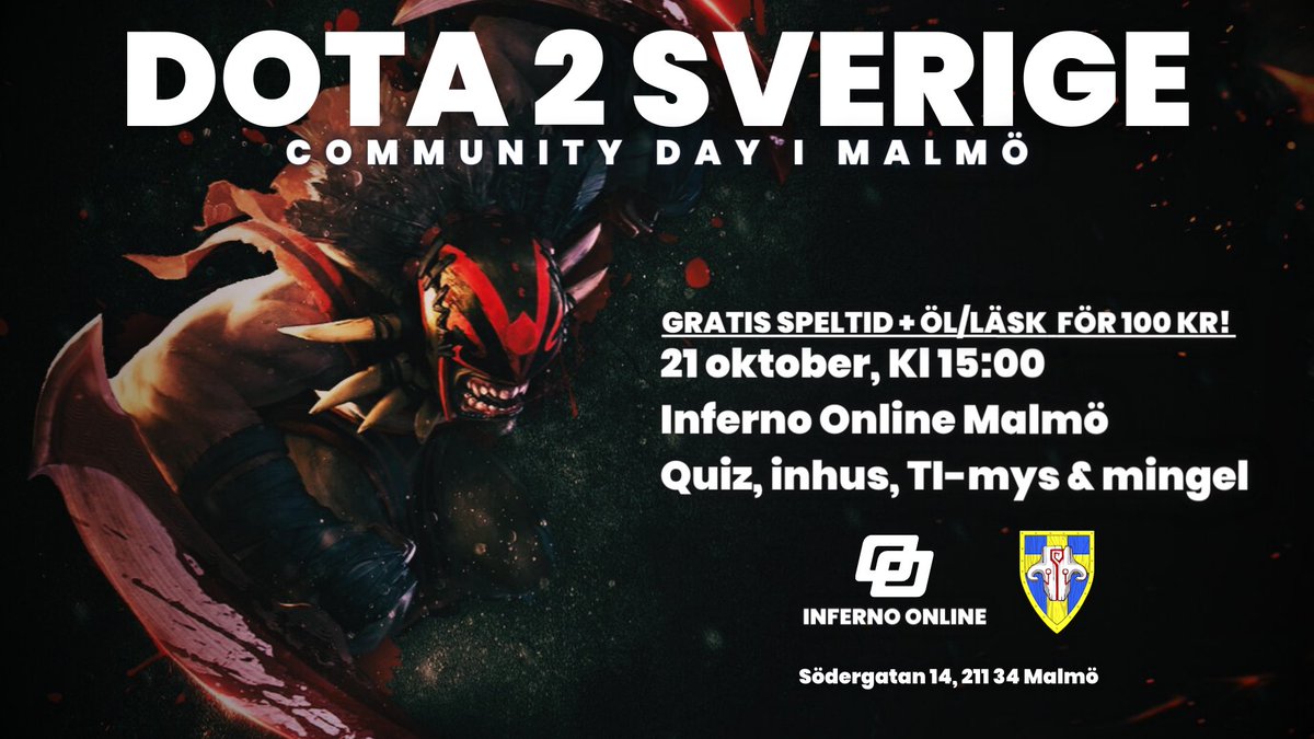 MALMÖ! DET ÄR DAGS!

Efter ännu ett lyckat event i Stockholm bestämde vi oss för att avsluta Community Day turnén på <a href="/inferno_online/">The Metalroom Online</a> i Malmö den 21 oktober!

Syftet är som alltid att samla dotaspelare från olika platser, träffas, spela Dota och umgås!

#SesPåLane