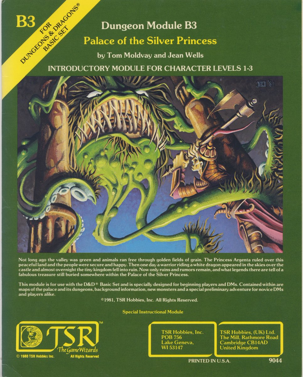 Loston_Wallace's tweet photo. #TSR #AdvancedDungeonsAndDragons #B3 #PalaceOfTheSilverPrincess #RPGModule
My sweet copy of B3: PALACE OF THE SILVER PRINCESS, by Tom Moldvay & Jean Wells! Outstanding Otus cover! https://t.co/1xcheRpIZy