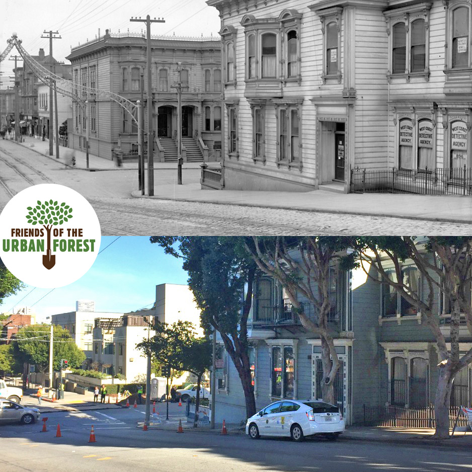 Southeast corner of Fillmore and Fulton streets, 1909 and 2015. Photos from SFMTA and Nuala Sawyer/Hoodline.