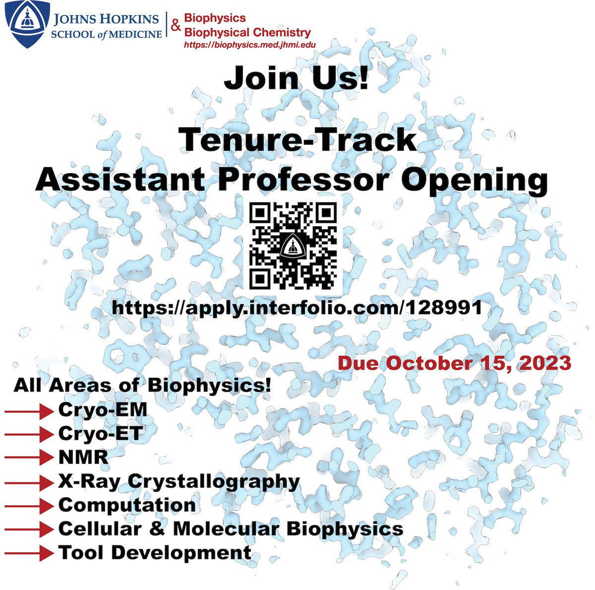 Please share! We're recruiting scientists to start their lab at @BiophysicsJHMed! Come and join the vibrant and collaborative research community at Hopkins. The deadline is Oct 15! Feel free to reach out w/ any questions. apply.interfolio.com/128991