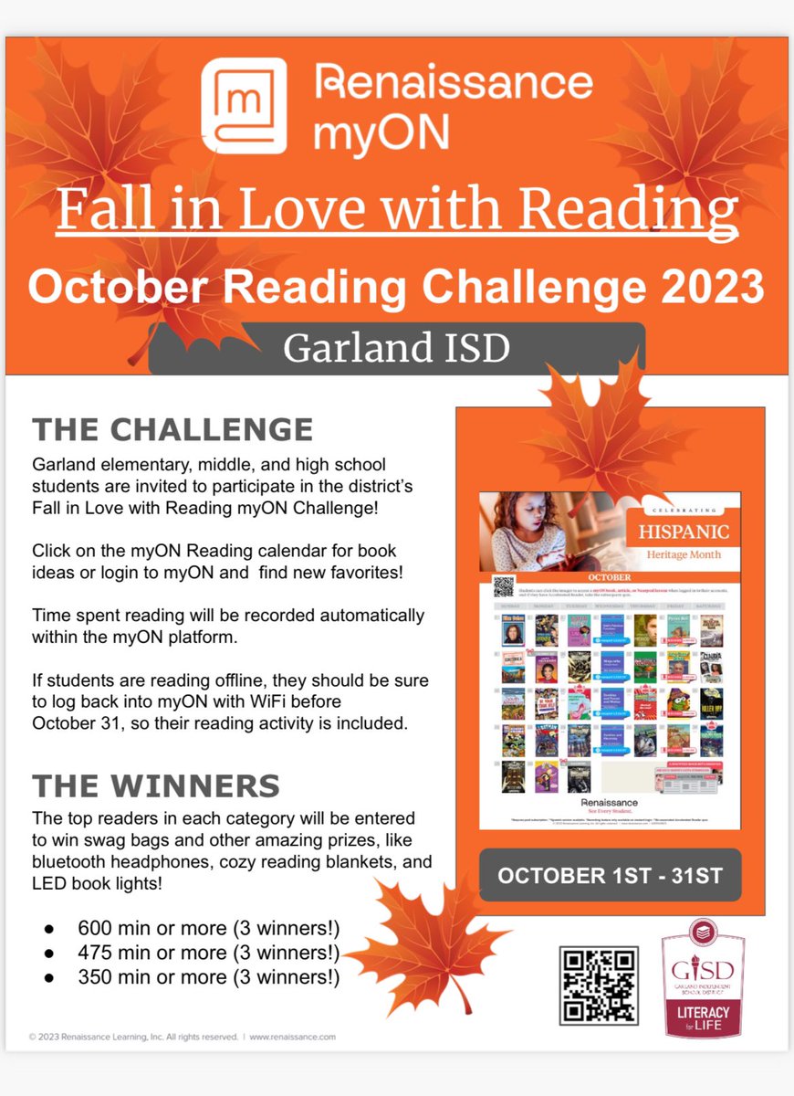 hudsonmslibrary's tweet photo. Join in on the myON Reading
Challenge this October for a chance to win prizes! 🍁📚🍂See the myON flyer below for more details. You can use these minutes for Reading University, too 🙌🏻 @GISDREADS @GISDLiteracy
@GISDRLA
#ReadingU #RUreading #GISDRUreading
https://t.co/QvBgSzO9jm https://t.co/B9n3HVoPOw
