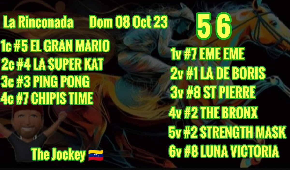 JohaBarrios7's tweet photo. Base para este #Oct08 en nuestro Óvalo de coche #LaRinconada Los 6 The Jockey del Hipismo 🇻🇪 a sellar el #5y6 que es lo nuestro #sigueme y te sigo  #RT Dale❤️ con nuestro especial 3v ST PIERRE 🤑😎🇻🇪
@marrpacheco
 @wladimirom11689 @CarlosB33578245 
#Hipismo
#Venezuela
#Caballos https://t.co/qc5nAiS2y9