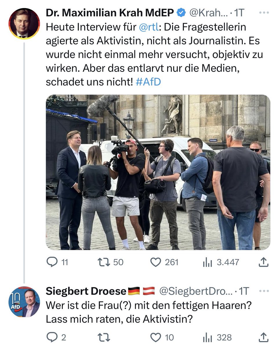 Ich führe mit #AfD-Politiker Krah ein Interview zum Thema Frauenfeindlichkeit in seiner Partei - und wie reagieren seine Parteikollegen? Mit Frauenfeindlichkeit. Kann man sich nicht ausdenken.