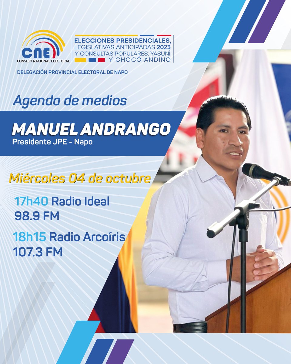 cnenapo's tweet photo. #ManuelAndrango, presidente de la Junta Provincial Electoral de Napo, asistirá a medios de comunicación, para informar sobre los recursos presentados ante los resultados numéricos del escrutinio, previo a la proclamación y adjudicación de escaños de #EleccionesAnticipadas2023Ec. https://t.co/W0XRXmAdUe