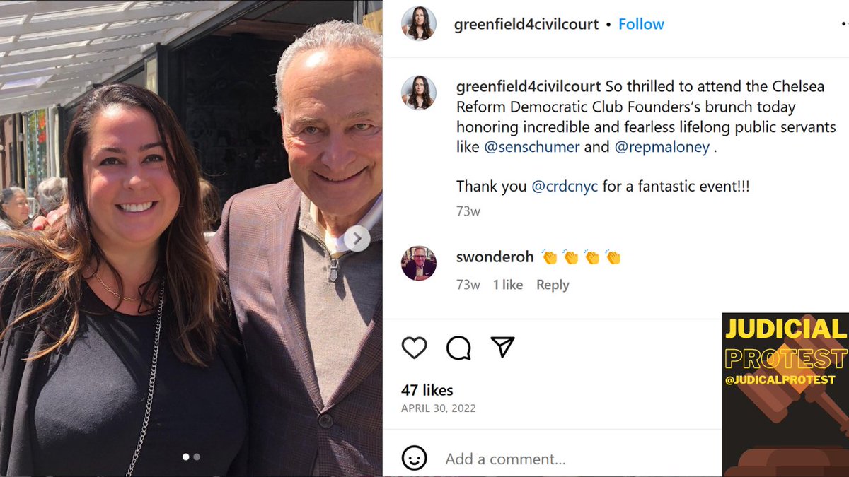 JudicialProtest's tweet image. Last night I submitted this letter to Justice Engoron attaching Allison Greenfield's over two dozen Instagram posts where she campaigned, canvassed and petitioned for Democrat candidates like @SenSchumer, @RepMaloney, and countless other Democrats while Trump's civil fraud case…