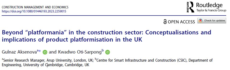 #NewPaperAlert
#Platforms #Construction 

In this #OpenAccess paper in <a href="/CMEJournal/">CME Editors</a> we (w/<a href="/GulnazAksenova/">Gulnaz Aksenova</a>) examine the gov't-led agenda on P-DfMA in the #UK #construction #sector by taking stock of #policy and relevant documents about #product #platforms.

tandfonline.com/doi/full/10.10…