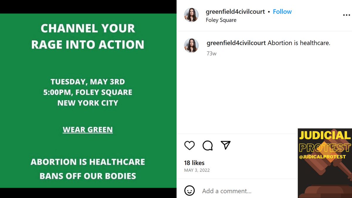 JudicialProtest's tweet image. Last night I submitted this letter to Justice Engoron attaching Allison Greenfield's over two dozen Instagram posts where she campaigned, canvassed and petitioned for Democrat candidates like @SenSchumer, @RepMaloney, and countless other Democrats while Trump's civil fraud case…