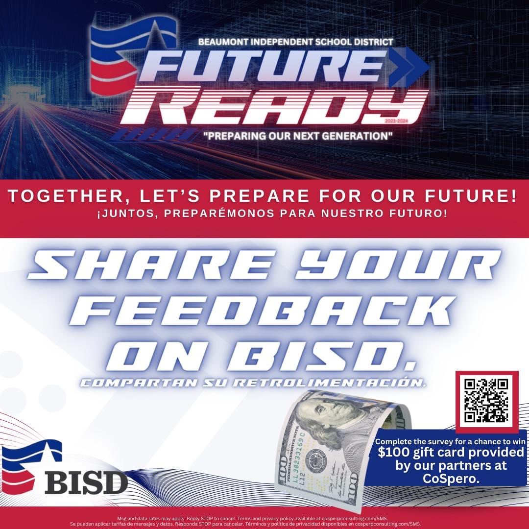 You could win a $100 gift card! Let's work together to prepare our students for the future! Students, staff, parents, partners, and community members can complete the 2023 Vision Week survey for a chance to win a $100 gift card surveyhero.com/c/23bisdvw9 #bmtisdvisionweek23
