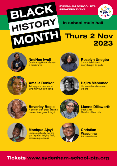 Join us 2 Nov <a href="/SydenhamSchool/">Sydenham School</a> for our inspiring #blackhistorymonth speakers. Everyone welcome! Book now - tickets by donation tinyurl.com/SydenhamSchool… <a href="/FabForestHill/">Fabulous Forest Hill</a> <a href="/SE26_tweets/">SE26 Tweets</a> @SE26life <a href="/SE23life/">SE23.life</a> <a href="/SE23Forum/">SE23 Forum</a> <a href="/SydenhamSociety/">Sydenham Society</a> #SE26 #Sydenham #SE23 <a href="/lewishamlocal/">Lewisham Local</a> 1/10