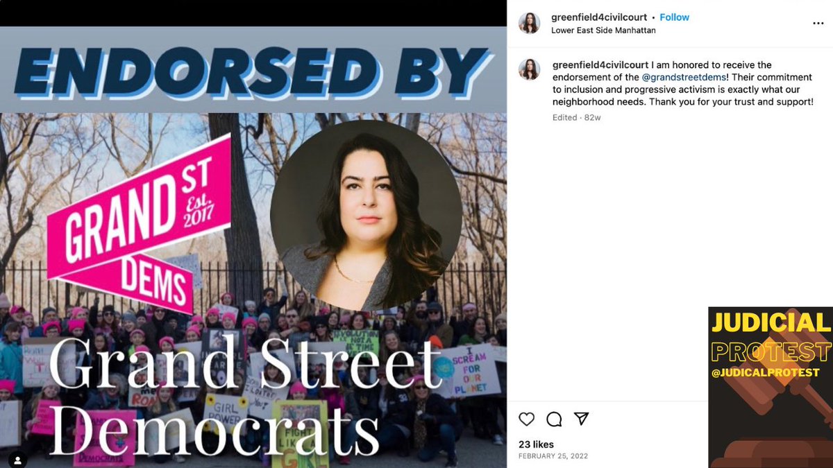JudicialProtest's tweet image. Last night I submitted this letter to Justice Engoron attaching Allison Greenfield's over two dozen Instagram posts where she campaigned, canvassed and petitioned for Democrat candidates like @SenSchumer, @RepMaloney, and countless other Democrats while Trump's civil fraud case…