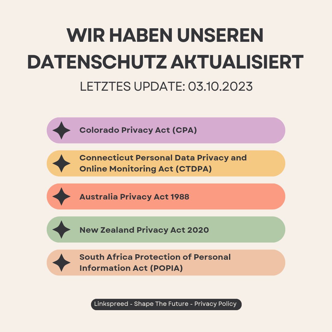 linkspreed's tweet image. 🌐 Update! Wir haben unsere Datenschutzerklärung am 3. Oktober 2023 überarbeitet, um internationalen Datenschutzstandards gerecht zu werden. Euer Schutz steht an erster Stelle! 🛡️ Danke für euer Vertrauen! #Datenschutz #NeuesUpdate