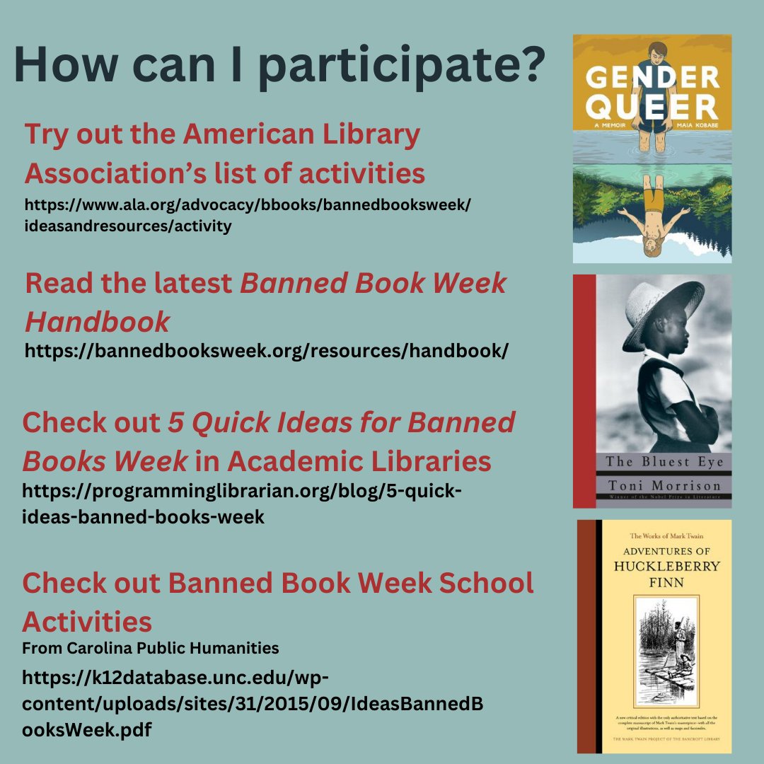 Hawaii Library Association (@hawaiilibassoc) on Twitter photo #LetFreedomRead is the theme of the <a href="/ALALibrary/">American Library Association</a>'s 2023 Banned Books Week! Click the photos to learn more and get ideas on how to participate and celebrate your right to read!
#BannedBooksWeek #FreePeopleReadFreely #FreedomToRead #BannedBooksWeek2023 #HawaiiLibrarians #LetFreedomRead is the theme of the <a href="/ALALibrary/">American Library Association</a>'s 2023 Banned Books Week! Click the photos to learn more and get ideas on how to participate and celebrate your right to read!
#BannedBooksWeek #FreePeopleReadFreely #FreedomToRead #BannedBooksWeek2023 #HawaiiLibrarians