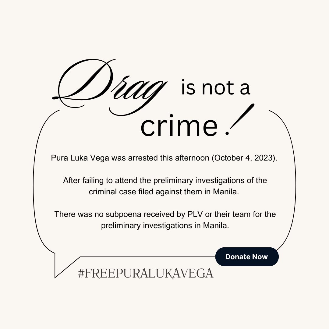marinaxsummers's tweet photo. Yesterday, Pura Luka Vega was arrested by un-uniformed police. Nakakalungkot. Nakakagalit. Pero higit sa lahat, nakakatakot itong balita.

Ipahatid  po natin ang suporta kay Luka by donating for their bail and making sure our voices are heard #FreePuraLukaVega https://t.co/XuBHabE1HM