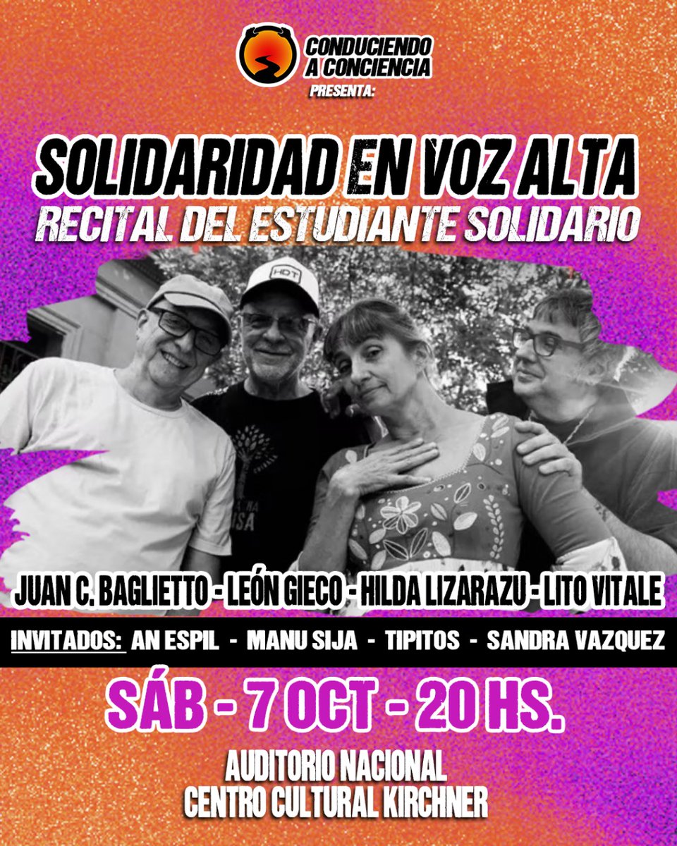 🎤SOLIDARIDAD EN VOZ ALTA🤘
Unite a estos increíbles artistas en un nuevo #RecitalSolidario <a href="/GiecoLeon/">Leon Gieco</a> <a href="/Baglietto/">Baglietto</a> <a href="/lizarazuok/">Hilda Lizarazu</a> <a href="/LitoVitale/">Lito Vitale</a> invitados: <a href="/anespila/">Anmary E Pineda L</a> <a href="/manusija/">Manu Sija</a> <a href="/los_tipitos/">los_tipitos_oficial</a>
Sandra Vázquez 
El 7/10  Día del Estudiante Solidario en el CCK