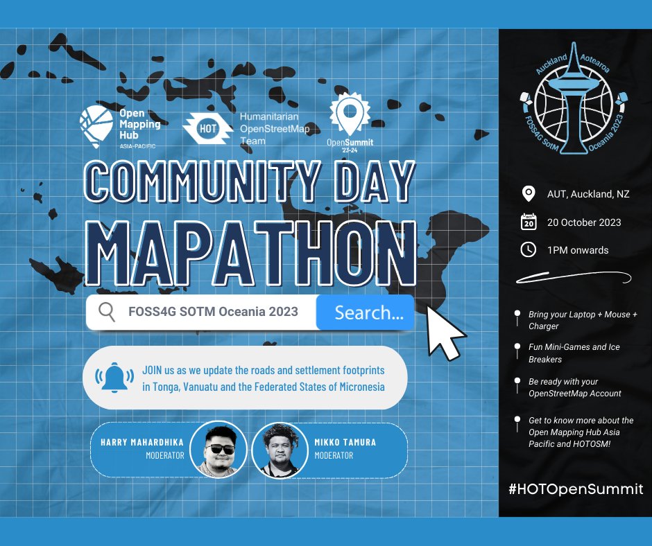 openmapping_ap's tweet photo. Join us at #FOSS4G #SOTM Oceania 2023 Community Day Mapathon to update roads & settlement footprints in Tonga, Vanuatu & the Federated States of Micronesia.
π
Date: 20 October π Time: 1PM (UTC+12)
π Location: AUT, Auckland, NZ
Let's map for a better future! #CommunityMapathon https://t.co/AJsvRAdBPi