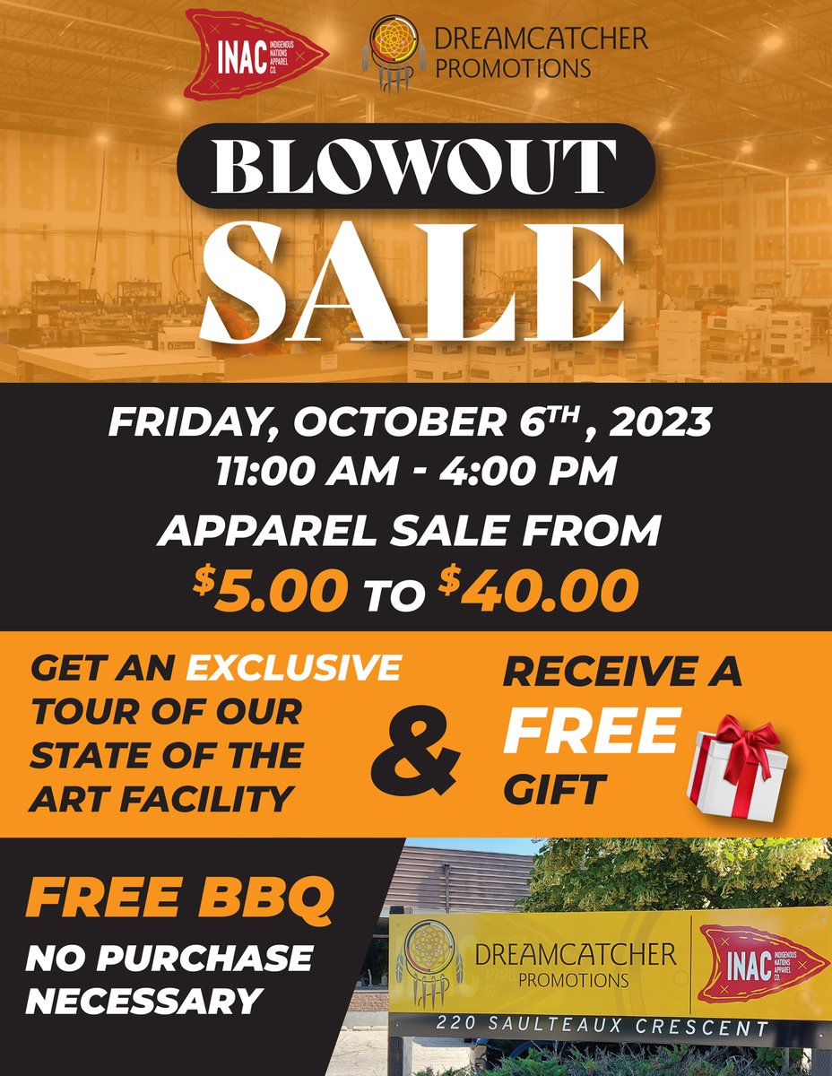 Join us on October 6th for a Customer Appreciation Blowout Sale at our 220 Saulteaux location in Winnipeg! 
#CustomerAppreciation #BlowoutSale #WinnipegEvents #FreeBBQ #IndigenousBusiness #ThankYou #ShopLocal #DreamcatcherPromotions #INAC