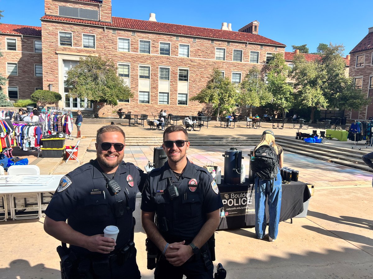 CUBoulderDPS's tweet photo. If you joined us for #NationalCoffeeWithACopDay this morning (thank you!) you may have noticed our badges look a little different... CUPD is donning pink badges during October for #BreastCancerAwareness month. #awareness #earlydetection #pinkmonth #pinkbadges #action #support https://t.co/pIFn1pGpXy