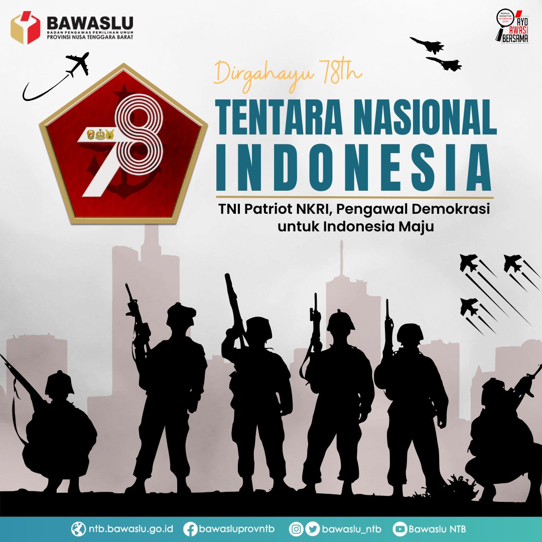 Dirgahayu ke 78 tahun Tentara Nasional Indonesia (TNI), 5 Oktober 1945 - 5 Oktober 2023. 

Jaya Selalu TNI Patriot NKRI, Pengawal Demokrasi untuk Indonesia Maju.

#AyoAwasiBersama 
#HUTTNI