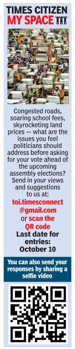 TOIHyderabad's tweet photo. #Congestedroads, soaring #schoolfees, skyrocketing #landprices— what are the issues you feel politicians should address before asking for your vote ahead of the upcoming #assemblyelections? Send in your views and suggestions to us at: toi.timesconnect@gmail.com. https://t.co/RxfuY3A05O