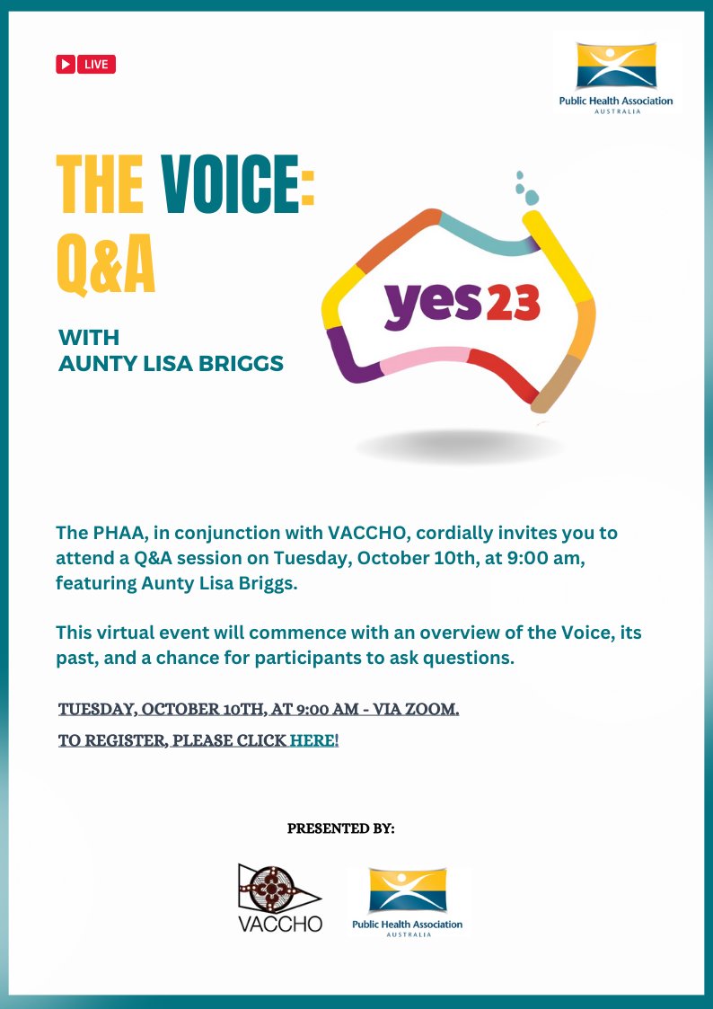 PHAA Vic warmly invite you to an online event with Aunty Lisa Briggs! Online event on Tuesday, 10th October at 9am. @VACCHO #Voice @_PHAA_ #VoteYes2023 Register here: us02web.zoom.us/webinar/regist…