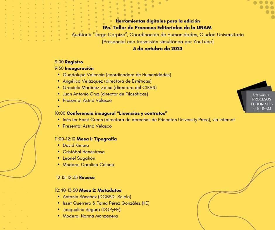 Editores_UNAM's tweet photo. ⭕️¡MAÑANA! | Evento presencial con transmisión en vivo desde la @HumanidadesUNAM : 19o. Taller de Procesos Editoriales.

📆5 y 6 de octubre (9:00 a 14:00 hora del centro de 🇲🇽)

📝Inscripciones: https://t.co/qt3DxlE4yu 

📺Transmisión en vivo: https://t.co/iTe05hiTle https://t.co/mysbQbxoqG
