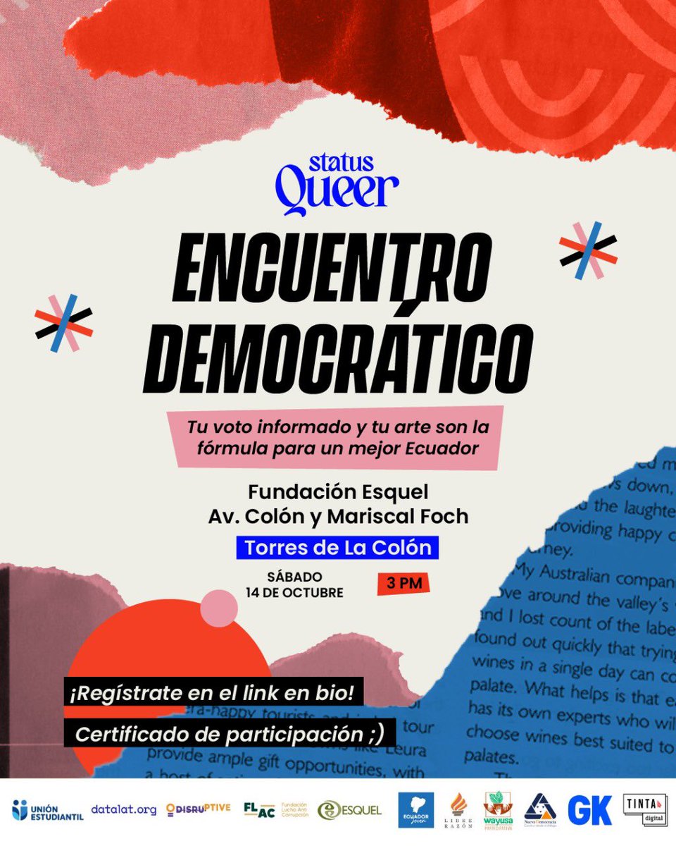 CIDisruptive's tweet photo. #YoDecidoAhora 🗳️ 
Tu voto informado y tú arte son la fórmula para un mejor Ecuador 🇪🇨 🫵

Te esperamos este sábado 14 de Octubre, 15H00 en Fundación Esquel. Pichincha🗣️
#EleccionesTransparentes #democraciainformada https://t.co/dOqk4PvwrA