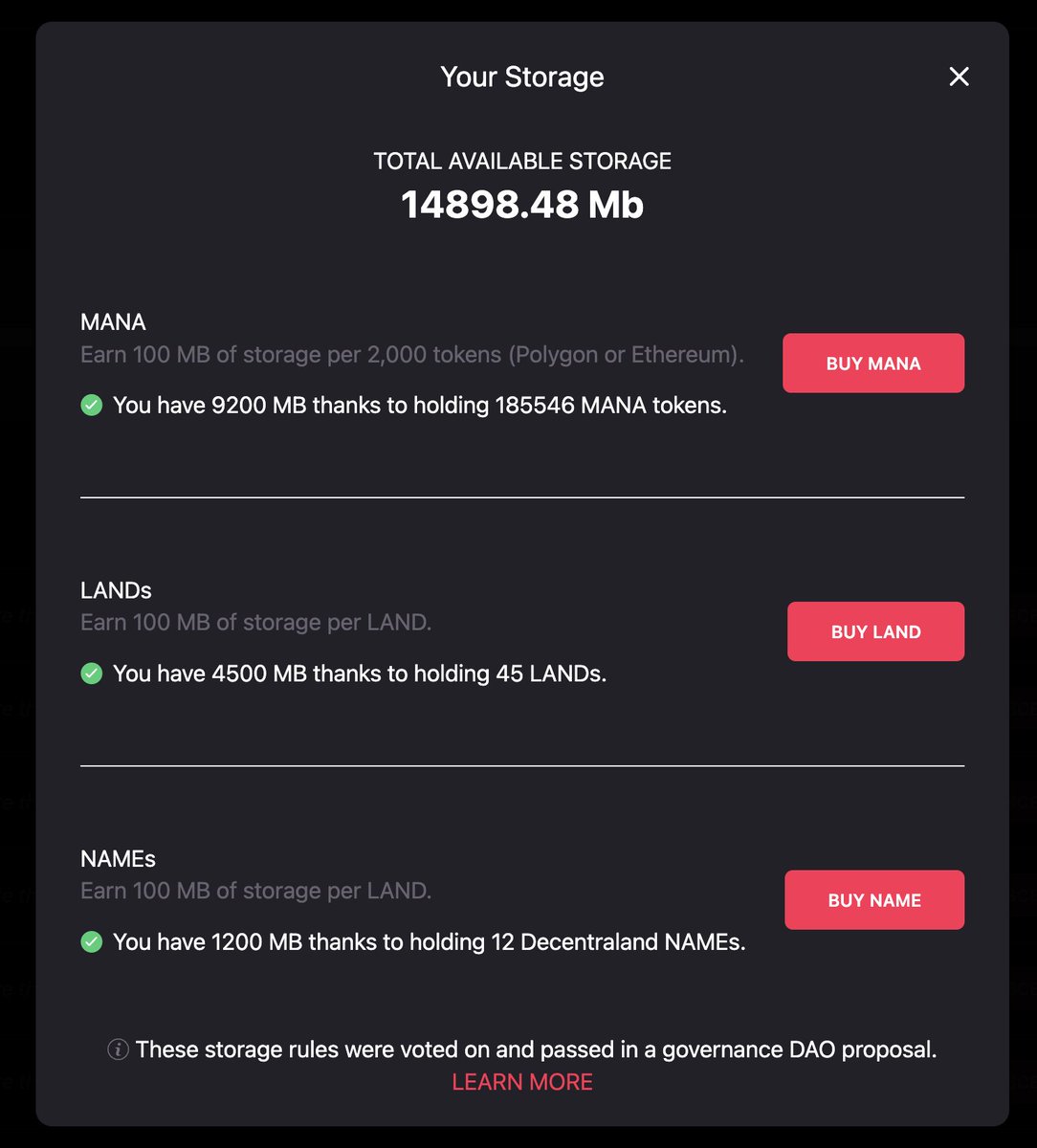 🔥🔥  Decentraland ALPHA NEWS  🔥🔥

- Every 2,000 #MANA owned you get extra 100MB
- Every Land owned gives you extra 100MB storage
- Every Name you own you receive extra 100MB storage