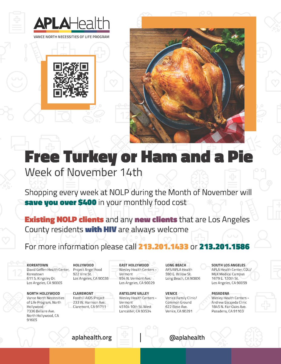 WehoCares's tweet photo. Shout out to @APLAHealth, sharing information on a Free Turkey or Ham and a Pie! Refer to our flyer for all the details! Questions? Call @APLAHealth at 213.201.1433 or 213.201.1586. ๐ #NOLP #HolidaySpecial #WeHo ๐ฆ ๐ฅง https://t.co/tY1ydiirYU