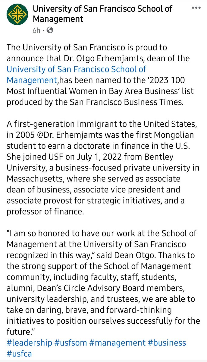 Сан Францискогийн их сургуулийн бизнесийн сургуулийн захирал монгол бүсгүй Америкийн Бэй бүсийн бизнесийн салбарын хамгийн нөлөө бүхий эмэгтэйгээр тодорчээ. Ямар гоё бахархмаар юм бэ? Өмнөөс нь бүр баяр хүрээд байх юм. Баяр хүргэж, улам өндөр амжилтыг хүсье ээ!