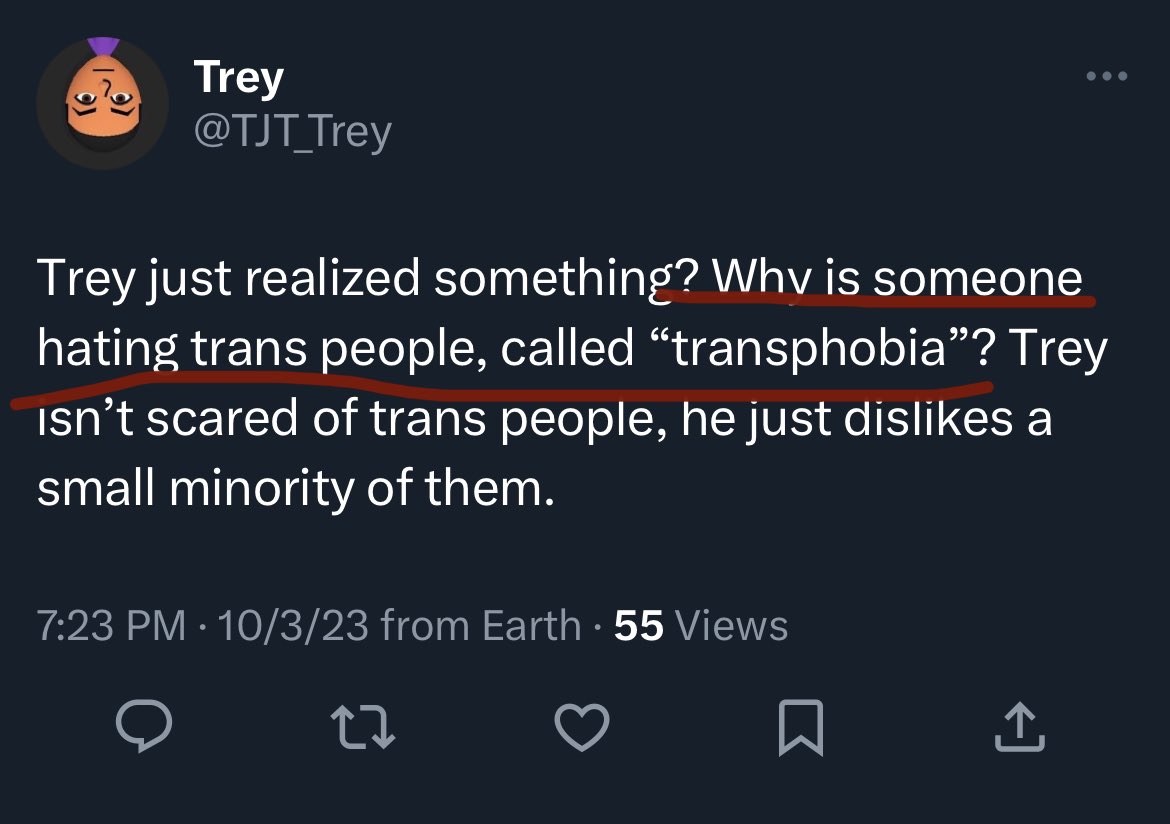 MikeHatesPedos's tweet photo. @TJT_Trey because phobia isn’t solely for fears of things, has “t”rey tried not hating trans people? https://t.co/6uWyBD5GtV