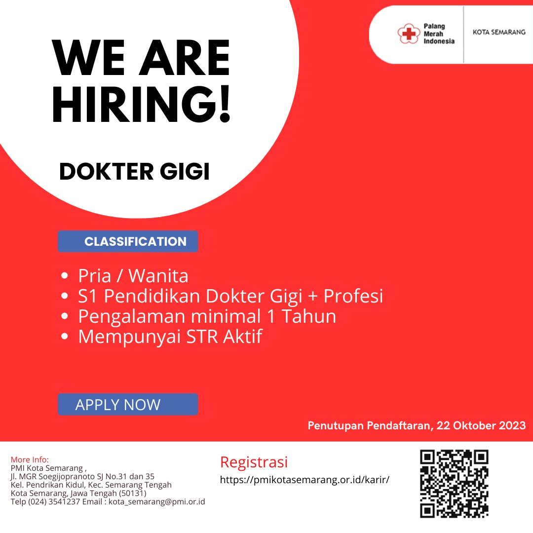 Kami membuka kesempatan untuk bergabung dengan PMI Kota Semarang sebagai Dokter Gigi! Jika Anda memiliki kualifikasi yang sesuai, ayo segera daftar sebelum 22 Oktober 2023. Link pendaftaran ada di bio kami. 💼🦷 #LowonganKerja #DokterGigi #PMISemarang