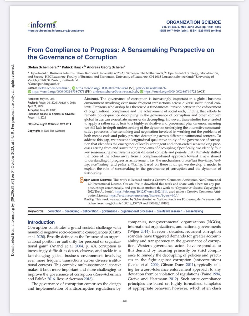 #anticorruption at the crossroads? What do we aim for in #globalbusiness? #compliance or #achievement of anti-corruption goals? See our empirical analysis of #sensemaking in the #governance of #corruption in #organizationscience pubsonline.informs.org/doi/pdf/10.128…