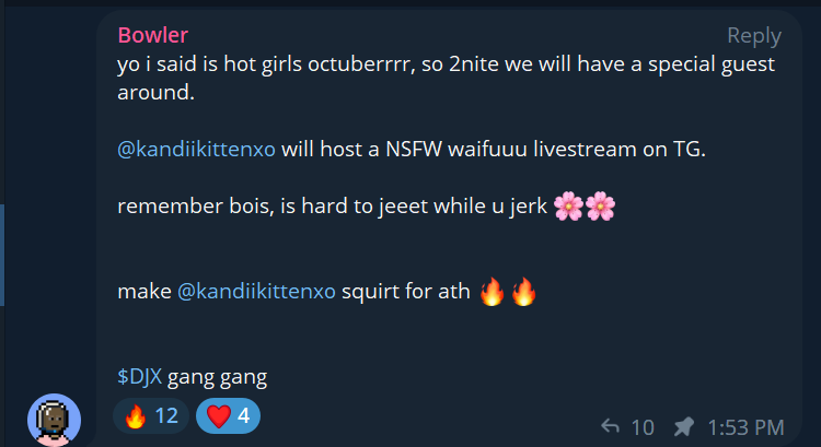 Remember when #HarryPotterObamaSonic10Inu devs smoked crack on the telegram vc and it started mooning?

This feels like a similar coming of age story.. $DJX 💦
<a href="/dowjones69420/">DowJones69420</a>
t.me/dowjones69420