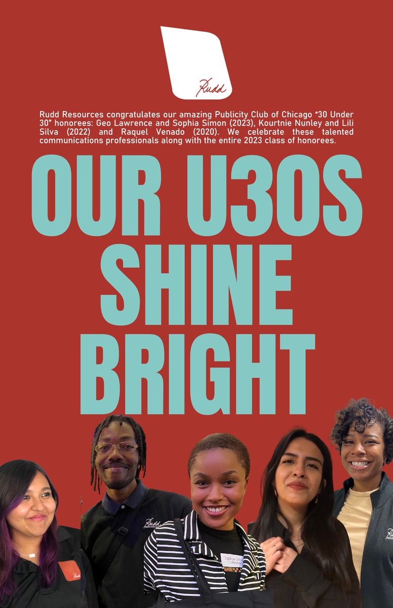 Congrats to our amazing “30 Under 30” honorees by the <a href="/PCC_Chicago/">Publicity Club of Chicago</a> at its 65th Annual Golden Trumpet Awards. The celebrated #rudders are: Geo &amp; Sophia (2023), Kourtnie &amp; Lili (2022), and Raquel (2020). Cheers to all 30 2023 honorees. #RuddersAtWork #PublicAffairs #ShineLikeGold