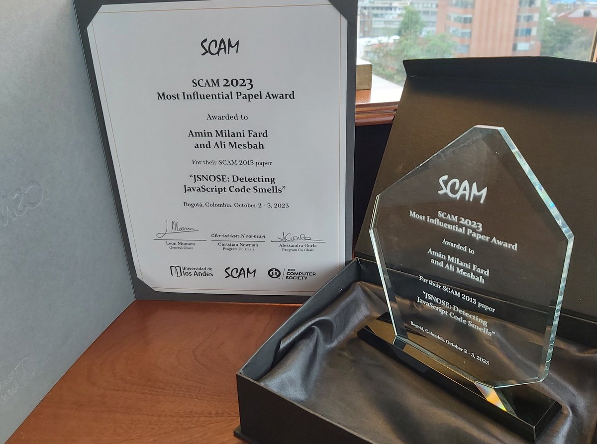 Amin Milani Fard (@milanifard) on Twitter photo Honored to receive the Most Influential Paper award with <a href="/amesbah/">Ali Mesbah</a> at the 23rd IEEE International Conference on Source Code Analysis and Manipulation for our paper published 10 years ago that impacted the research community. Thank you <a href="/ieeescam/">IEEE SCAM Conference</a>. Honored to receive the Most Influential Paper award with <a href="/amesbah/">Ali Mesbah</a> at the 23rd IEEE International Conference on Source Code Analysis and Manipulation for our paper published 10 years ago that impacted the research community. Thank you <a href="/ieeescam/">IEEE SCAM Conference</a>.